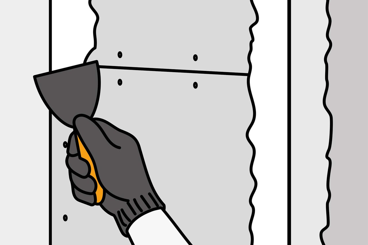 Illustration d'un couteau à mastic réparant une plaque de plâtre.