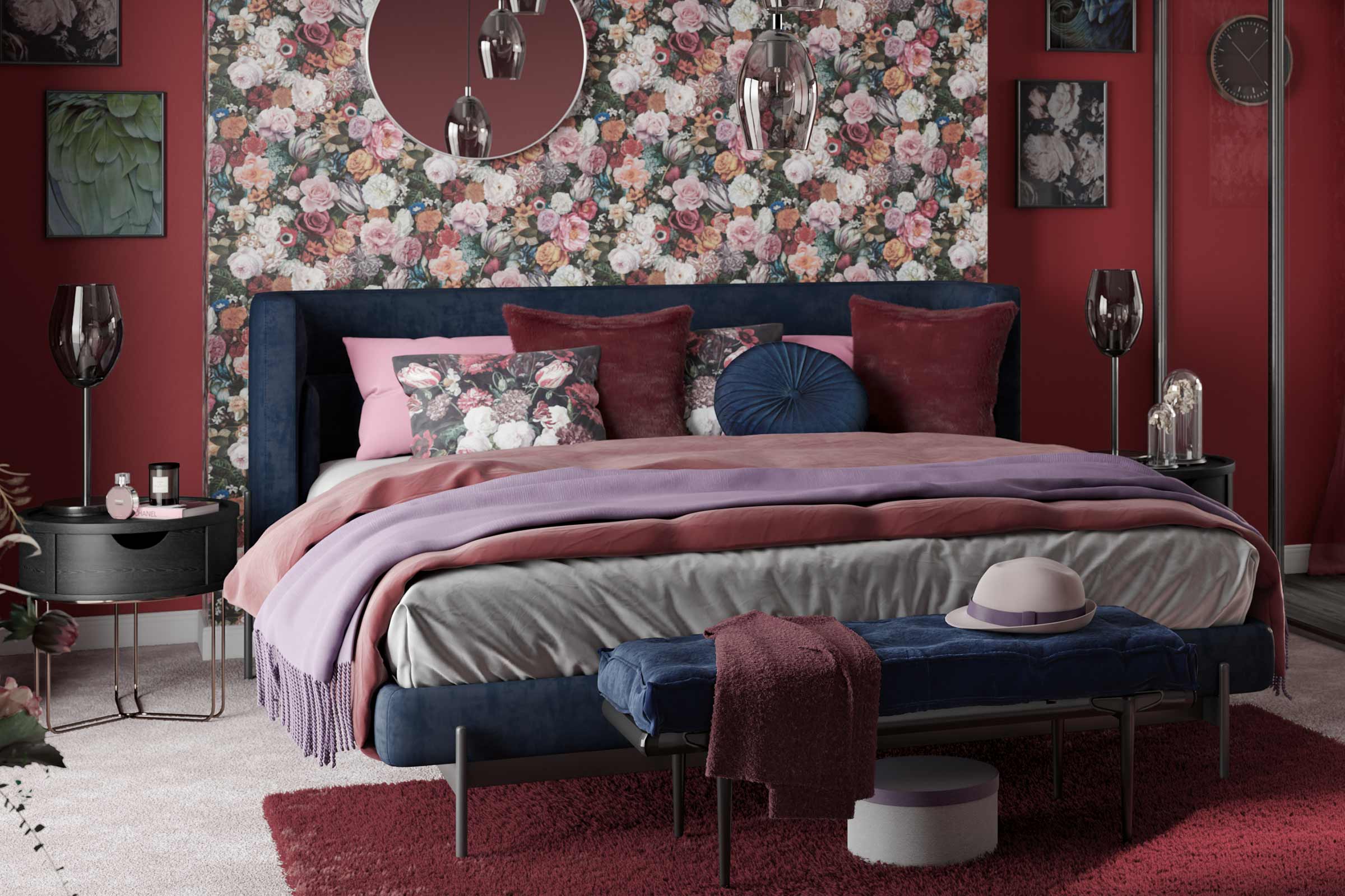 Chambre avec lit double, table de chevet et tapis