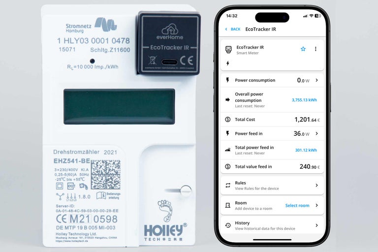 Compteur électrique avec EcoTracker IR fixé et application smartphone pour l'affichage de la consommation