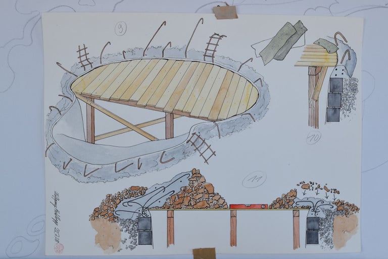 Schéma d'une terrasse en bois avec fondation en béton et armature