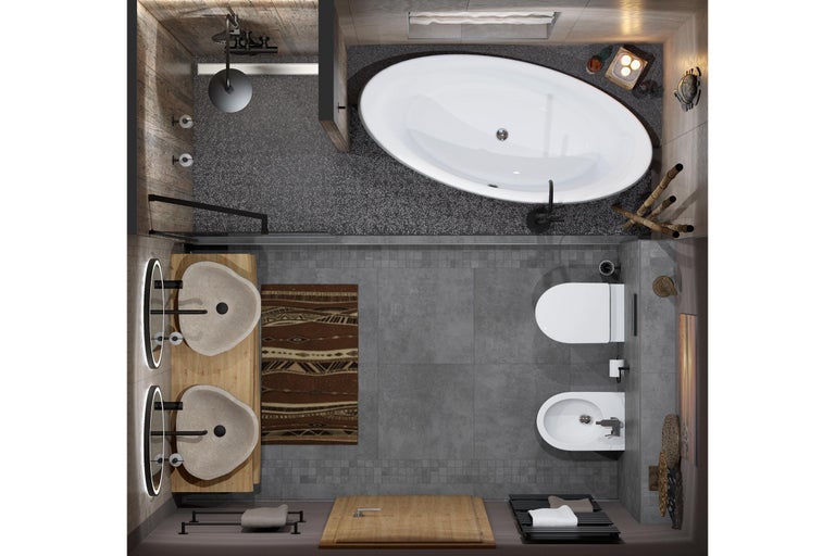 Vue de dessus d'une salle de bains avec baignoire, douche, deux lavabos, toilettes et bidet