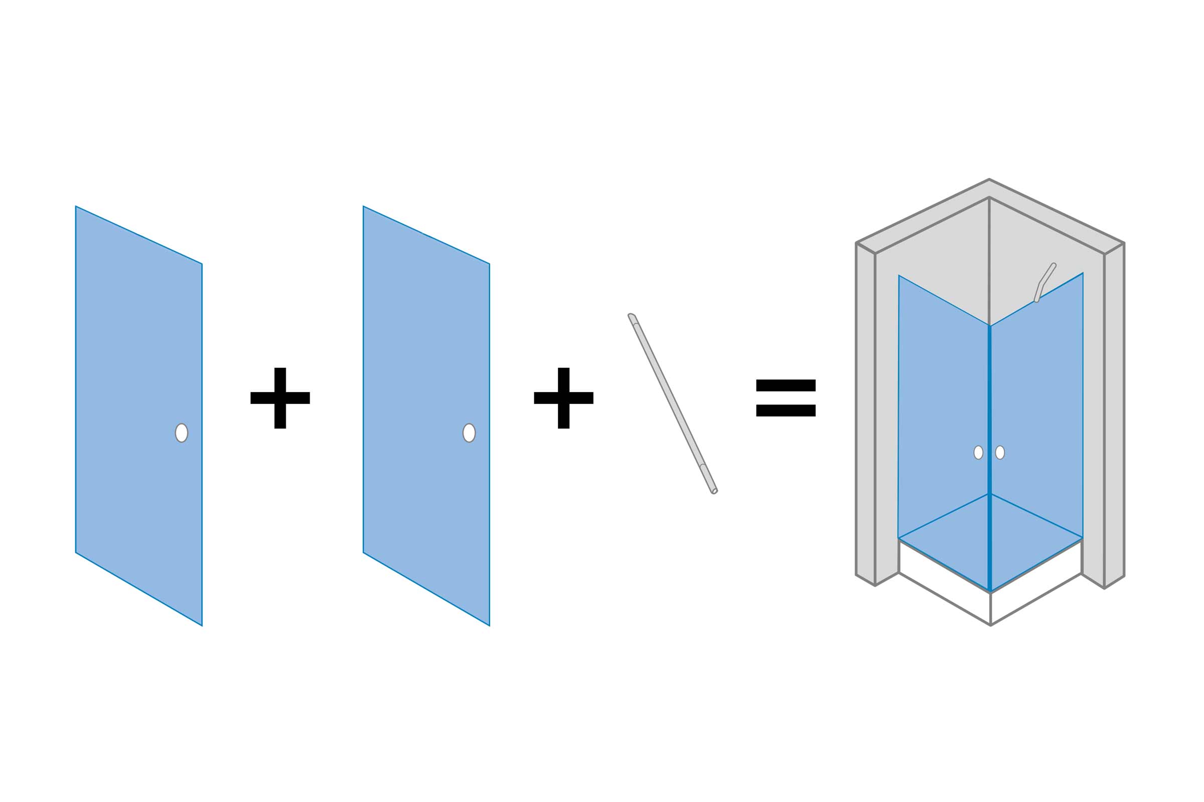 Illustration einer Eckeinstiegsdusche mit zwei Türen und Stabilisierungsstange