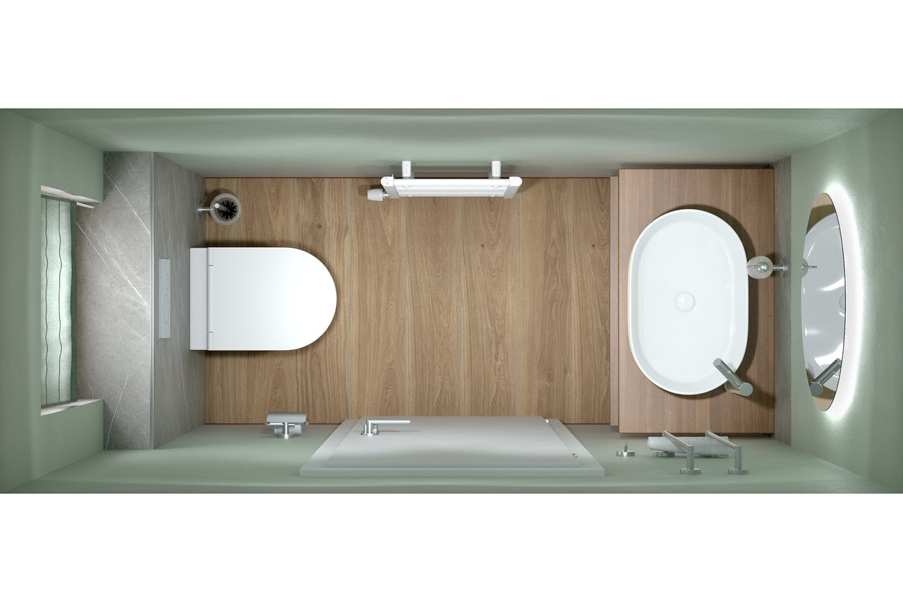 Vue de dessus d une salle de bains moderne avec WC, lavabo ovale sur meuble en bois, douche et miroir. Revêtement de sol aspect bois.