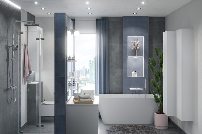 Modernes Badezimmer mit Dusche, Badewanne, Waschtisch und Badezimmermöbeln