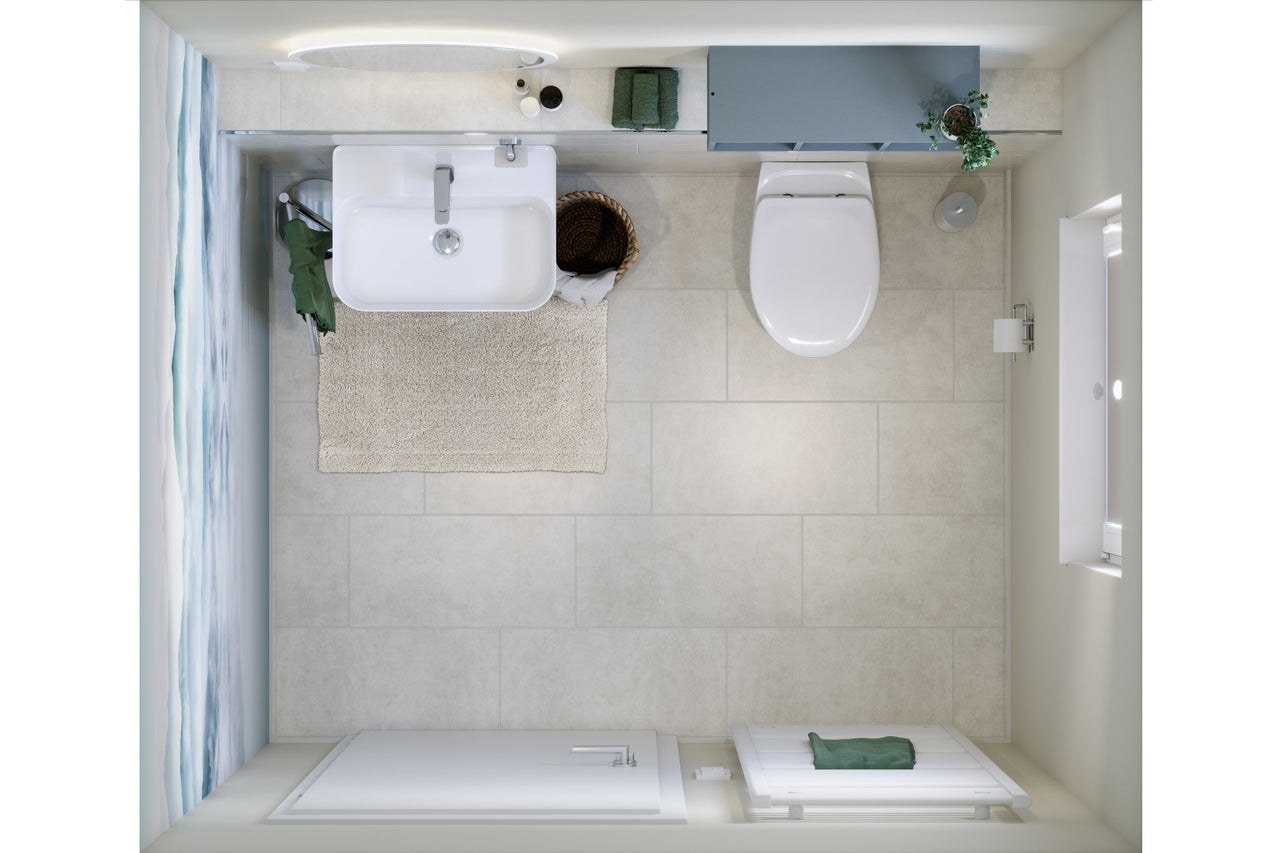 Vue de dessus d'une salle de bains avec lavabo, WC, douche et meubles de salle de bains