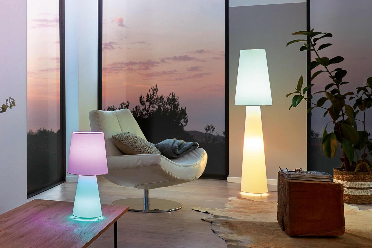 Wohnzimmer mit Sessel, Zimmerpflanze und zwei Lampen