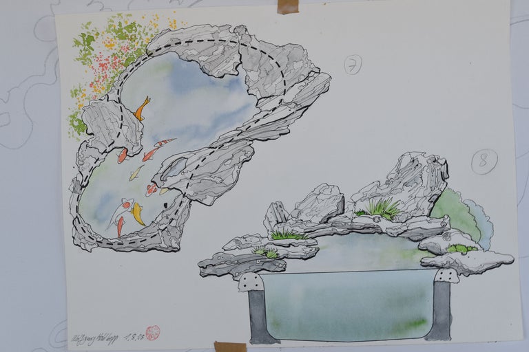 Dessin de deux modèles de bassins de jardin avec rochers, plantes et poissons