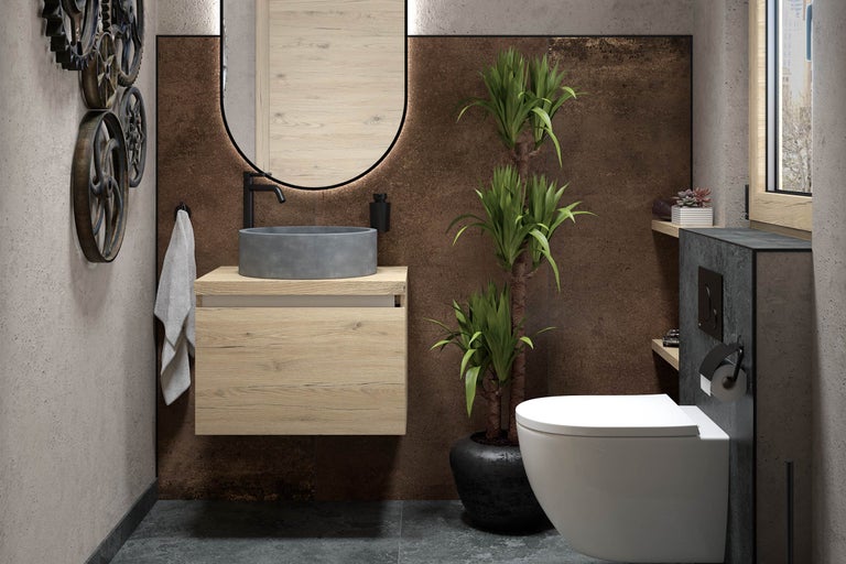 Salle de bain moderne avec lavabo, miroir, toilettes et décoration