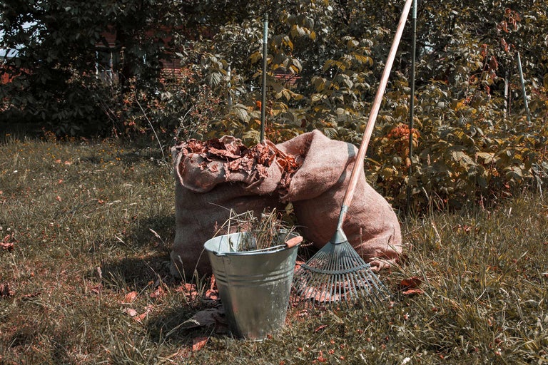 Zwei Säcke gefüllt mit Laub, ein Metalleimer mit Gras und ein Laubbesen im Garten.