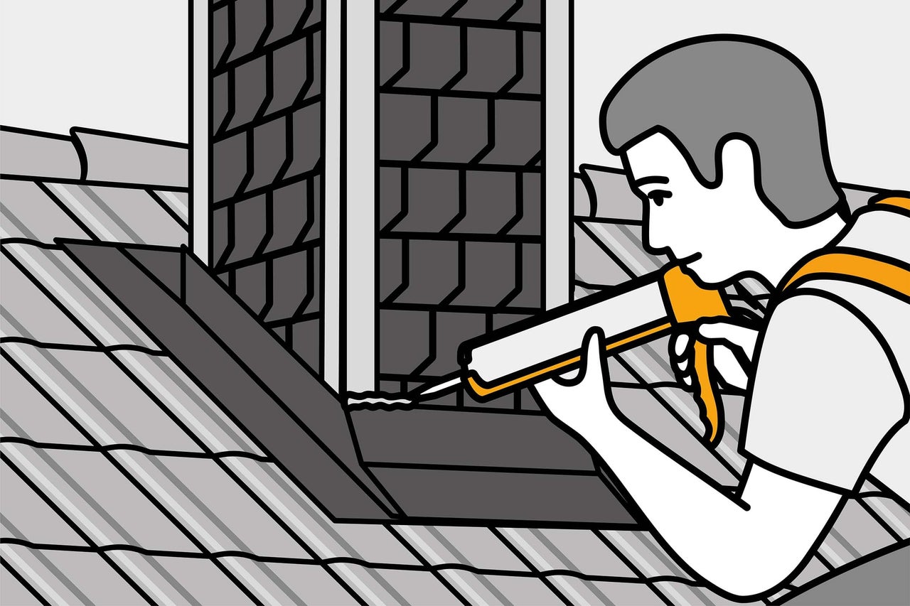 Illustration d'une personne réalisant l'étanchéité d'un toit avec un pistolet à cartouche.