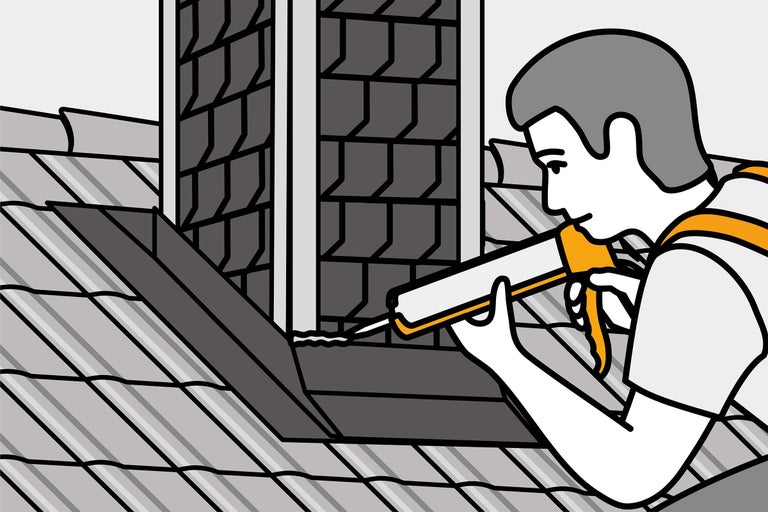 Illustration d'une personne réalisant l'étanchéité d'un toit avec un pistolet à cartouche.