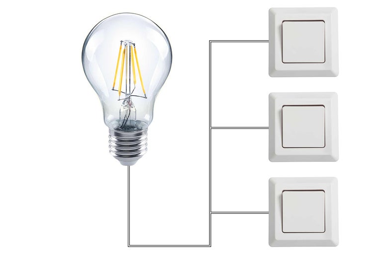 Schaltplan mit Glühbirne und drei Schaltern