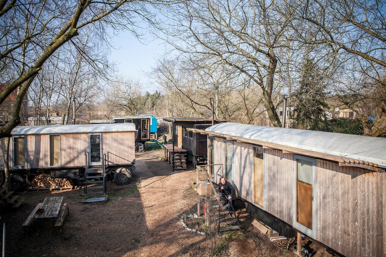 Vue de roulottes de chantier sur un terrain sous des arbres