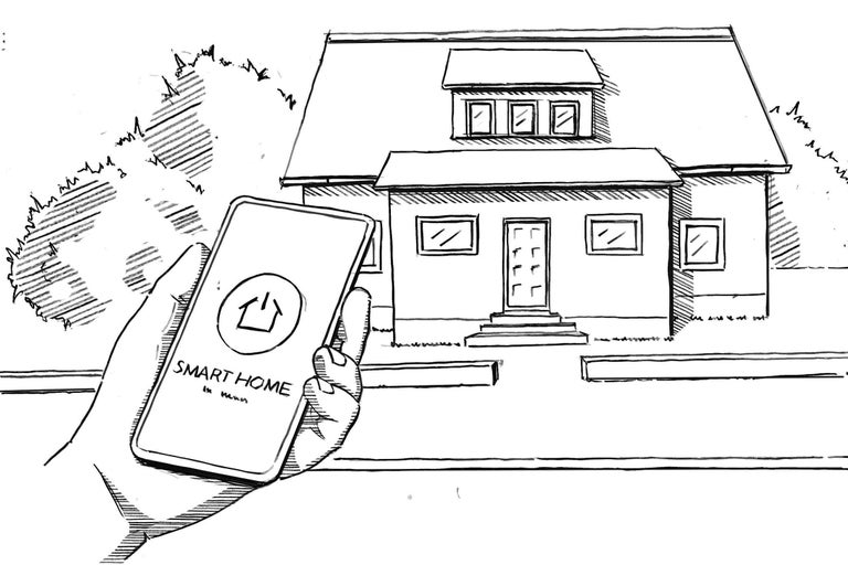 Illustration d'un smartphone avec application Smart Home devant une maison.