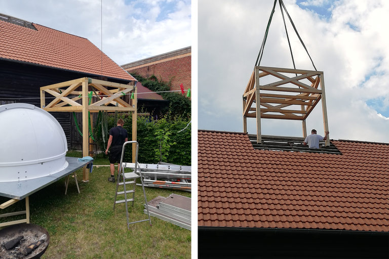Bau eines hölzernen Dachaufbaus mit Kuppel auf einem Hausdach