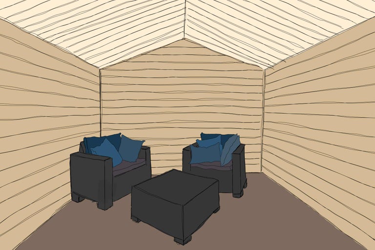 Abri de jardin en bois avec deux fauteuils et une table