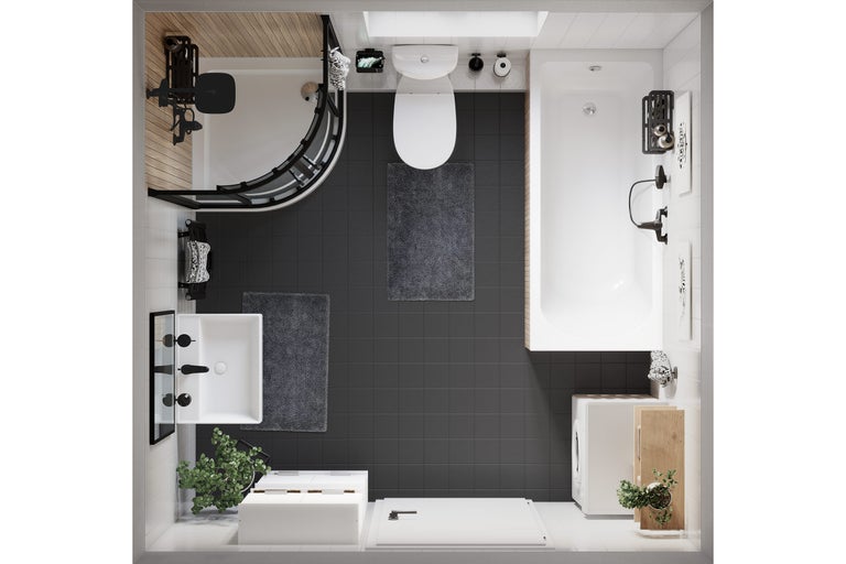 Vue de dessus d'une salle de bains avec douche, lavabo, WC, baignoire et lave-linge
