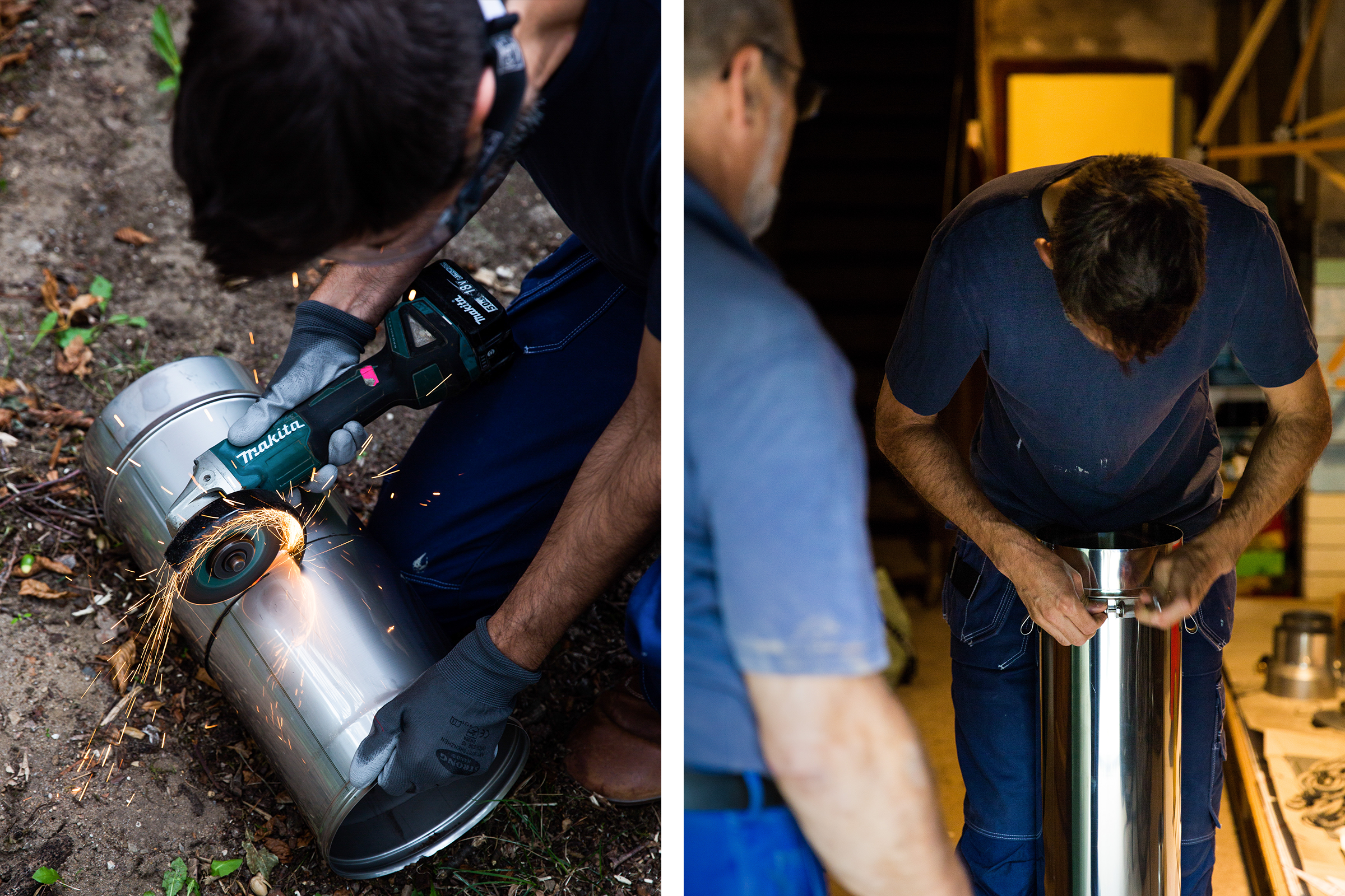 Un homme coupe un tube métallique avec une meuleuse de la marque Makita. Sur la droite, on voit un homme assembler un tube métallique.