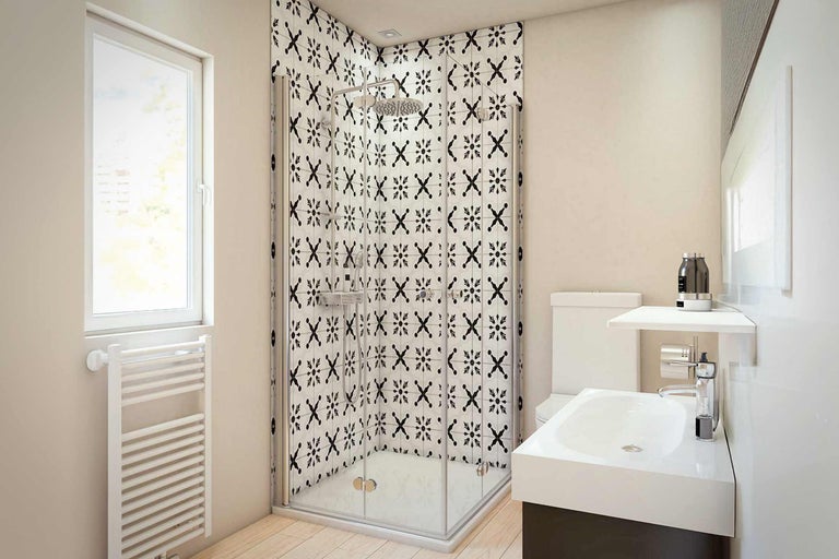 Salle de bains avec douche, lavabo, toilettes et radiateur