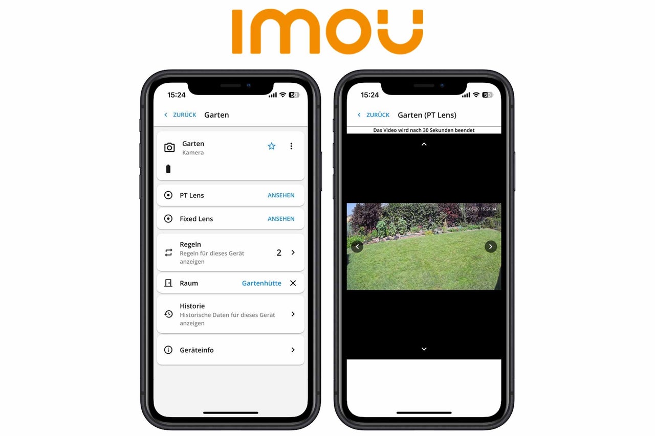 Logo Imou, deux smartphones avec l'application Imou ouverte. Le smartphone de gauche affiche le menu de la caméra de jardin, le smartphone de droite affiche la vue en direct de la caméra.