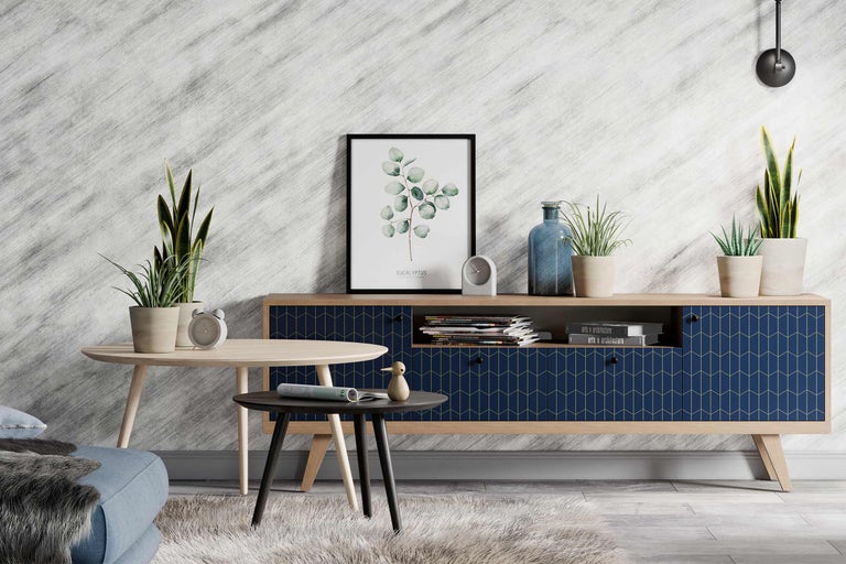 Salon avec commode, tables basses et plantes d'intérieur