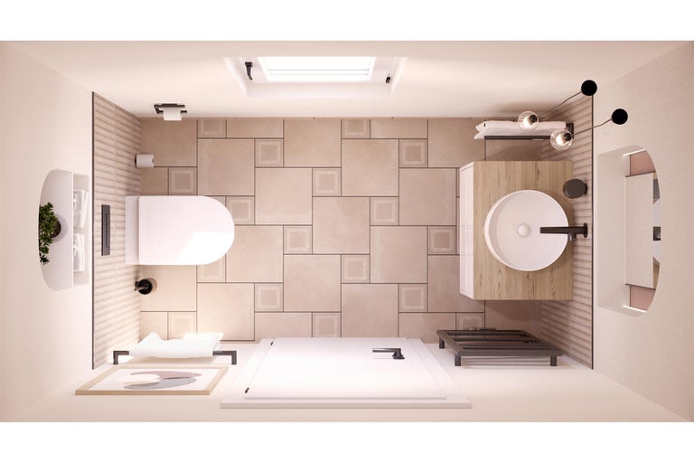 Vue claire de la salle de bains par le haut avec WC, lavabo, douche et accessoires