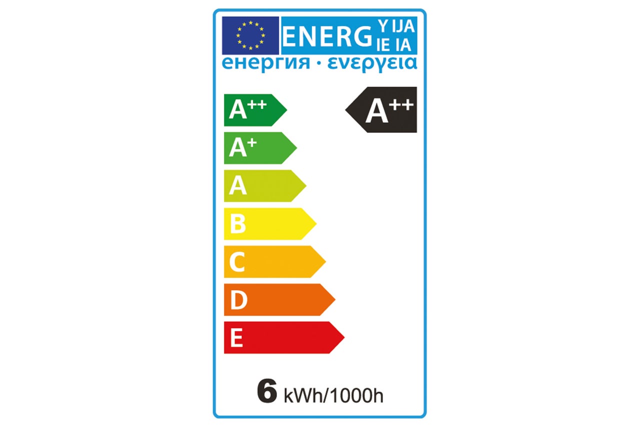 Energielabel A++ mit einem Verbrauch von 6 kWh pro 1000 Stunden