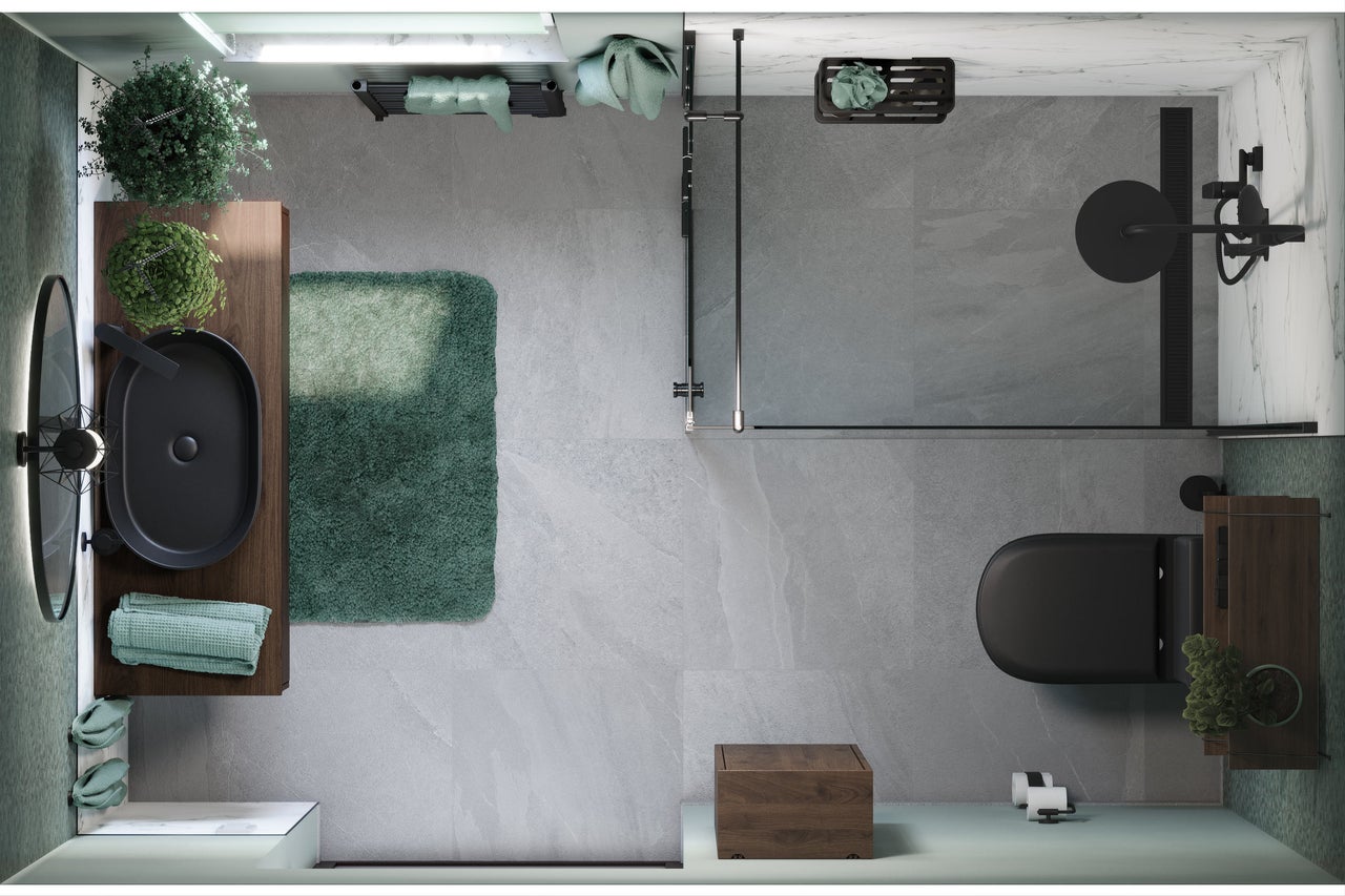 Vogelperspektive eines modernen Badezimmers mit Dusche, Toilette, Waschbecken und Zubehör