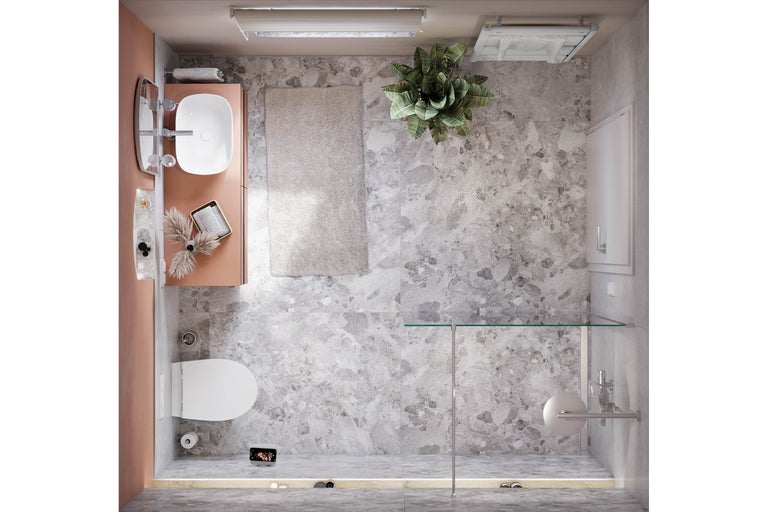 Ansicht von oben eines Badezimmers mit Toilette, Waschbecken, Dusche und Badteppich.