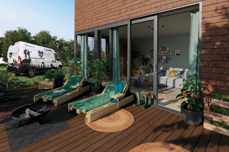 Terrasse avec maison en bois, chaises longues et camionnette Hornbach