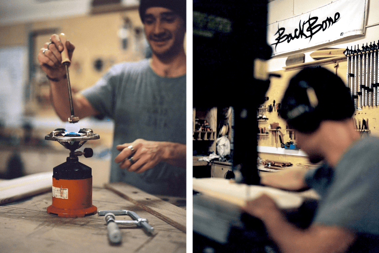 Scène d'atelier avec artisan, réchaud, outils et logo Backbone