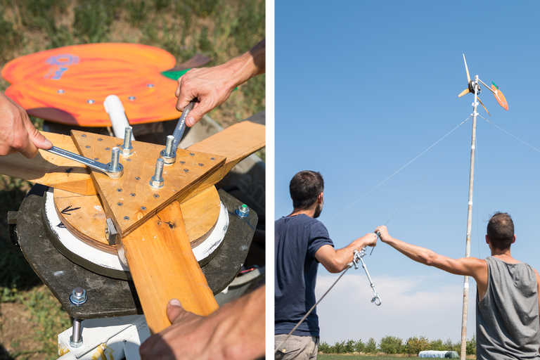 Personen bauen ein Windrad mit Werkzeugen und Holz.