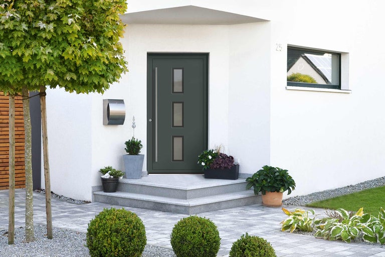 Zone d'entrée d'une maison avec porte d'entrée, boîte aux lettres et plantes