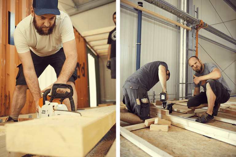 L'image montre deux artisans travaillant le bois, l'un sciant une planche avec une tronçonneuse et l'autre assemblant du bois avec une visseuse sans fil.