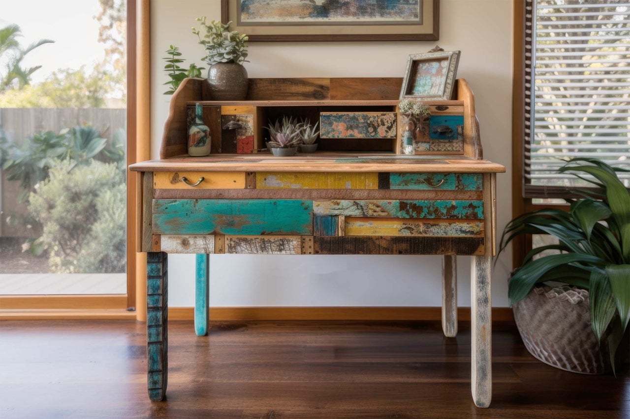 Schreibtisch aus Holz mit Schubladen im Vintage Stil
