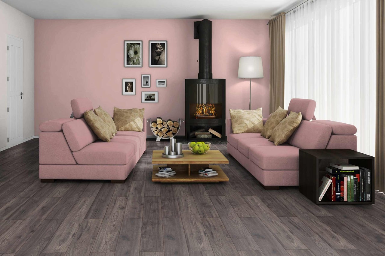 Salon avec deux canapés, cheminée et plancher en bois