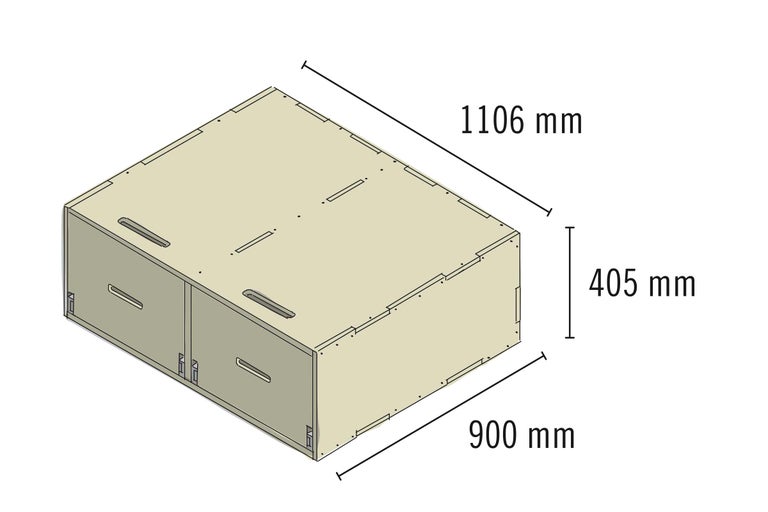 Illustration d'une armoire à tiroirs avec les dimensions suivantes : 1106 mm de largeur, 900 mm de profondeur et 405 mm de hauteur.