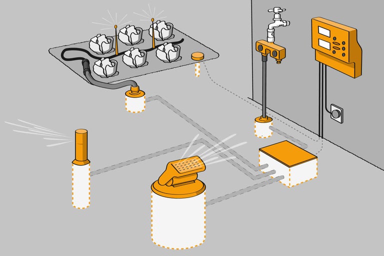 Illustration einer Bewässerungsanlage für Pflanzen mit Sprühern und Steuerung