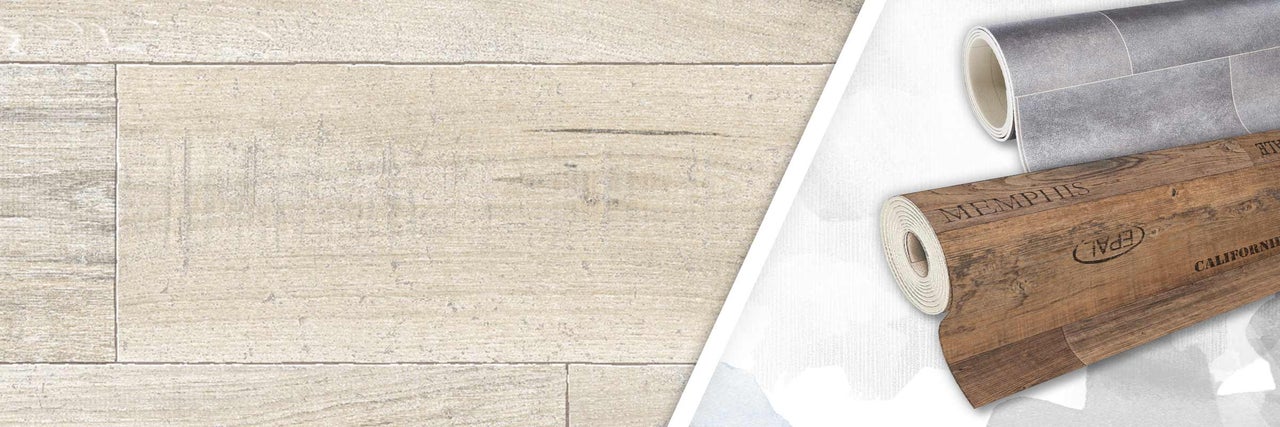 Abbildung von zwei Rollen Vinylbodenbelag und Bodenbelag in Holzoptik.
