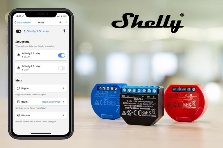 Smartphone avec application Shelly et relais Shelly 2.5