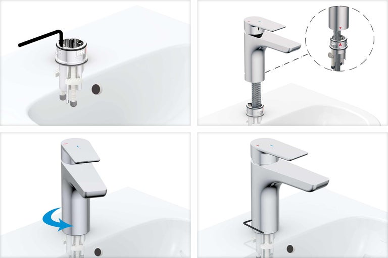 Montage d'un robinet sur un lavabo en quatre étapes