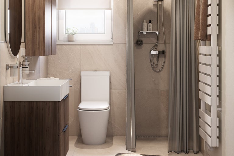 Salle de bain avec lavabo, toilettes et douche