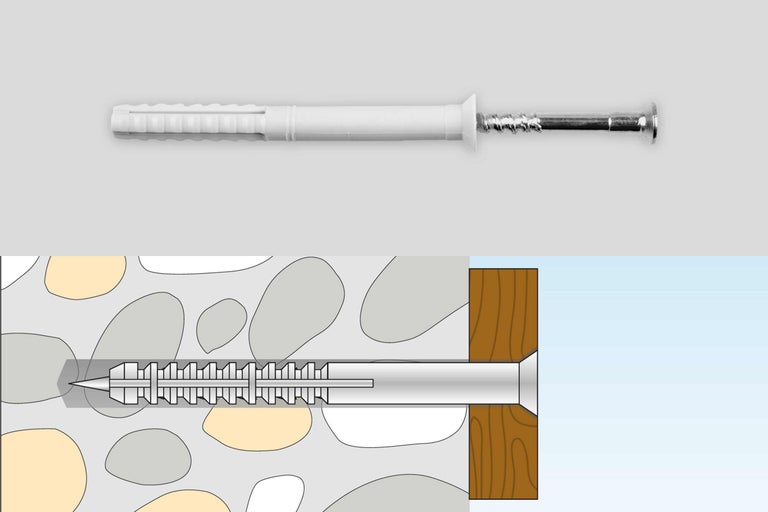 Cheville à cadre en nylon avec vis et représentation schématique du montage dans la maçonnerie