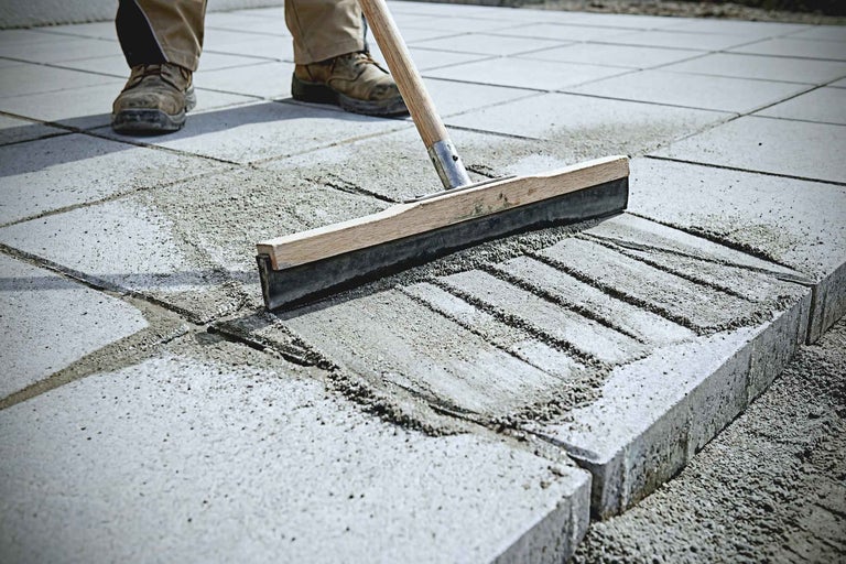 Produit de jointoiement balayé dans le pavage avec une raclette en caoutchouc