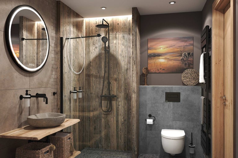 Salle de bains moderne avec douche à l'italienne aspect bois, miroir rond éclairé, vasque en pierre sur plateau en bois et toilettes suspendues.