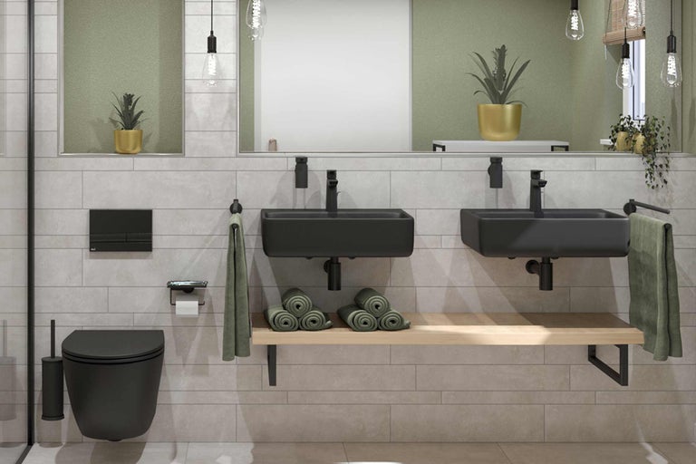 Salle de bain moderne avec double vasque, toilettes et accessoires élégants