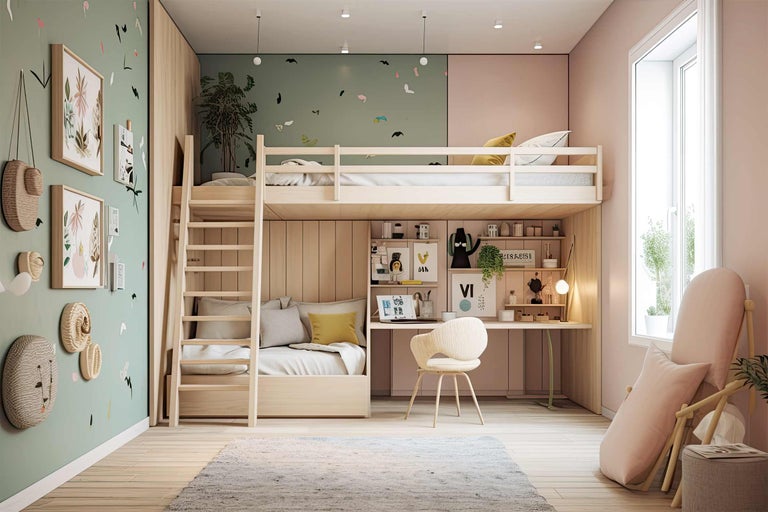 Chambre d'enfant avec lit mezzanine, bureau et sièges dans un design lumineux