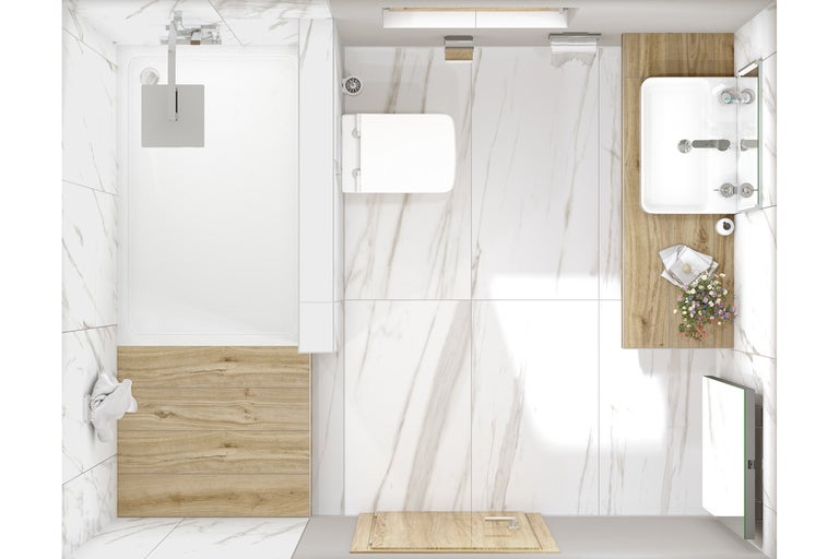 Vue de dessus d'une salle de bains avec douche, toilettes, lavabo et miroir