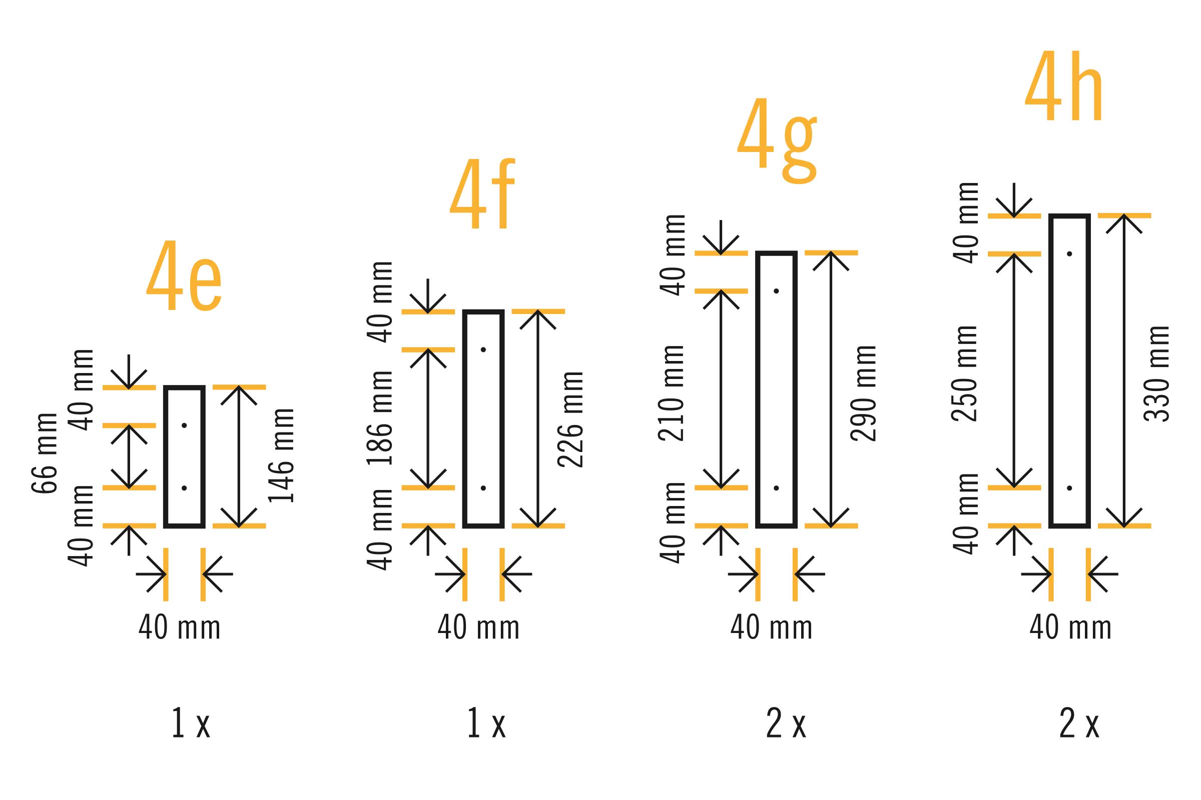 Abbildung verschiedener Holzprofilgrößen mit den Maßen 40 mm x 66 mm, 40 mm x 186 mm, 40 mm x 210 mm und 40 mm x 250 mm