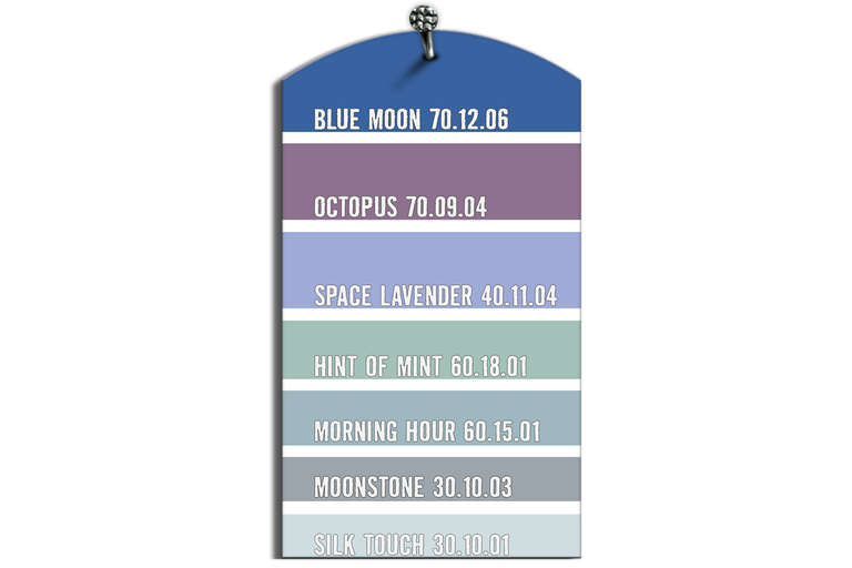 Farbmusterkarte mit Farbtönen wie Blue Moon, Octopus, Space Lavender, Hint of Mint, Morning Hour, Moonstone und Silk Touch.